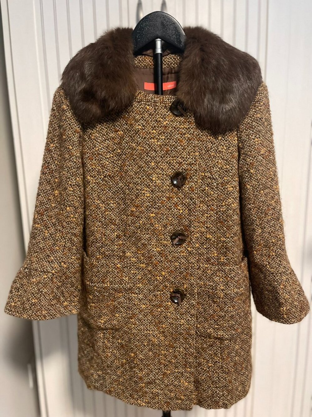 Olive des Olive Brown Tweed Wool 42% Coat Fur Collar Vintage Korean Womens S